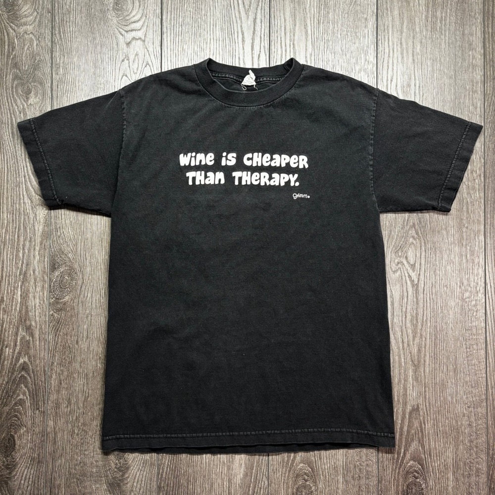 Grimm Wine is Cheaper Than Therapy Graphic Shirt Mens Medium Black Vintage Y2k